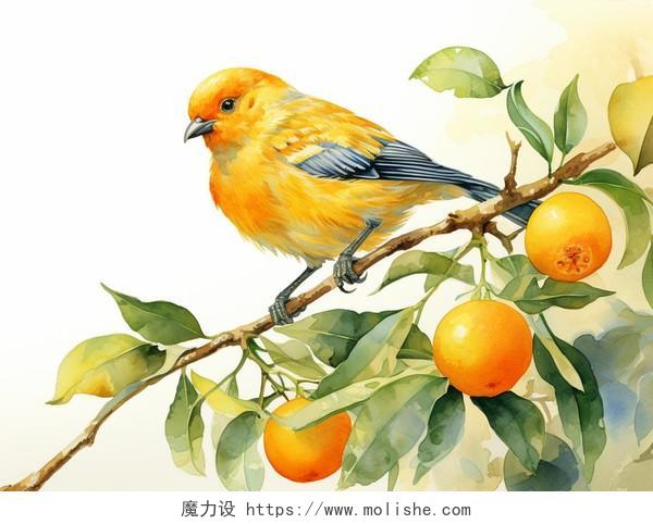 一只小鸟站在树枝上水彩写实AI插画鸟果实果子动物自然